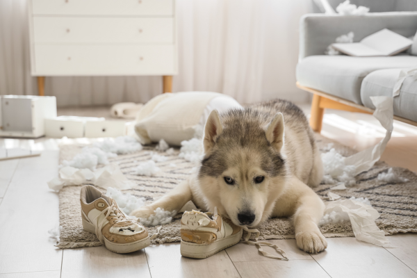 pes leží v obýváku mezi zničenými polštáři a rozkousanými botami